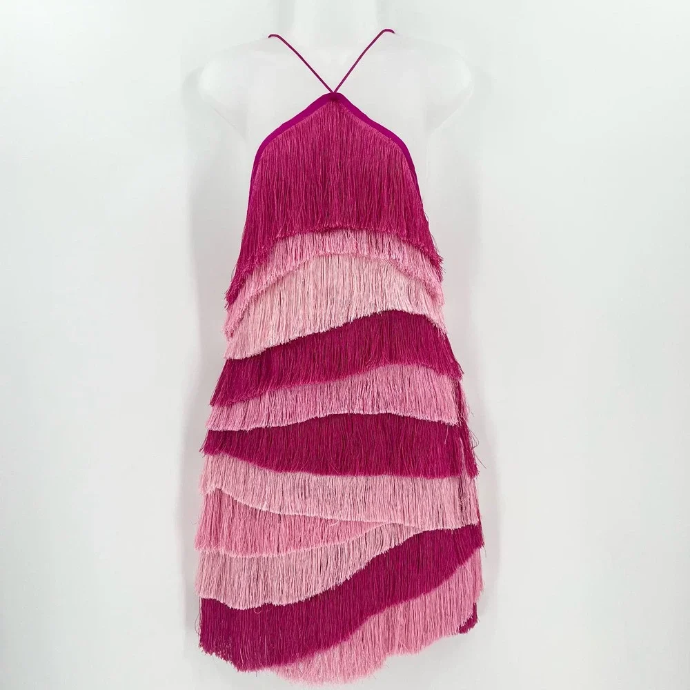 RETROFETE Tiered Fringe Mini Dress Pink Sleeveless Halter Lined Zip Party S